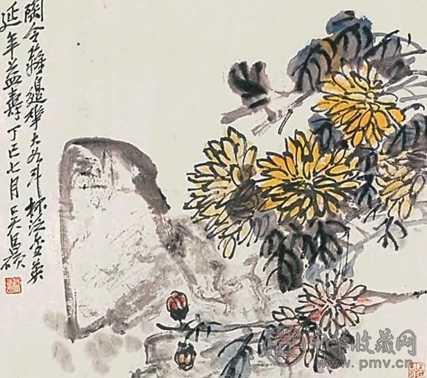 吴昌硕 1917年作 菊石 立轴 设色纸本