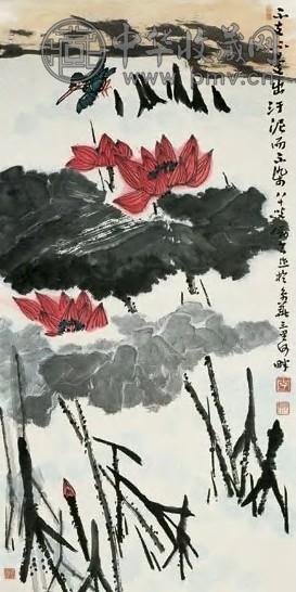 李苦禅 荷花翠鸟 立轴 设色