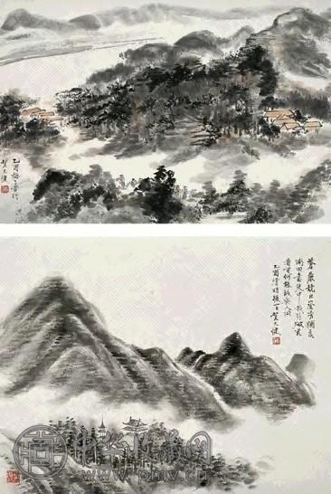 贺天健 1945年作 山水挖裱(2张) 镜片 纸本