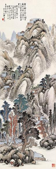 申石伽 1989年作 烟峦岚翠 立轴 设色纸本