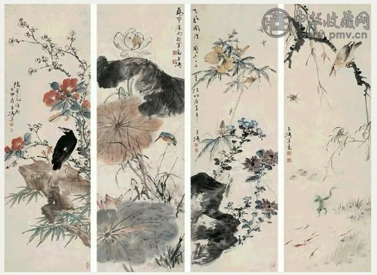 王雪涛 甲申(1944年)作 花鸟四帧 镜框 设色纸本