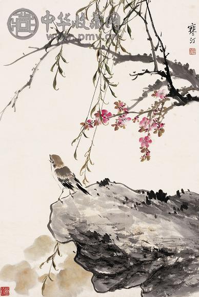 江寒汀 桃柳鸣禽图 立轴 设色纸本