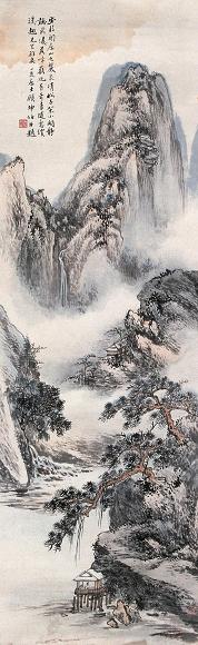 顾坤伯 听飞瀑布 立轴 设色纸本