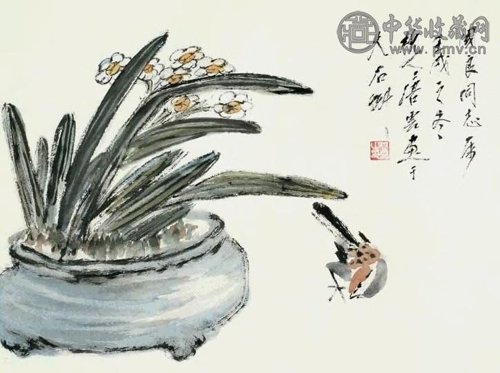 唐云 1982年作 水仙麻雀 镜心 设色纸本
