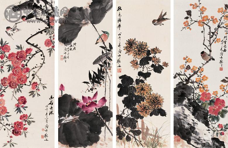 张辛稼 1978年作 四季花鸟 四屏 设色纸本