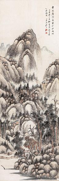 顾澐 1877年作 古木重山图 立轴 设色纸本