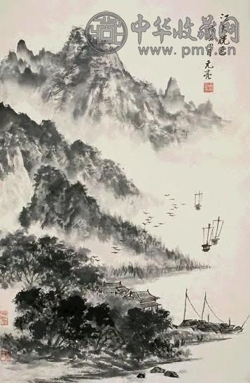 周元亮 1988年作 江天晓色 立轴 设色纸本