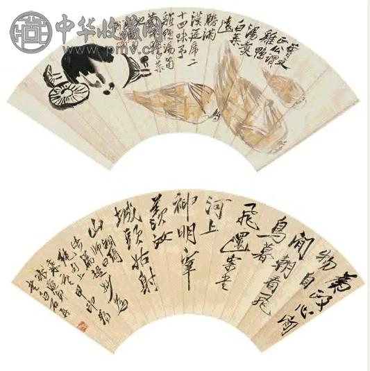 齐白石 甲申(1944年)作 书画合璧(2幅) 扇面 设色纸本
