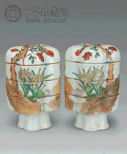 清同治 粉彩花果叠盖缸(1对)