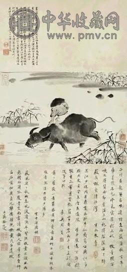 明 周毅 渡牛图 轴