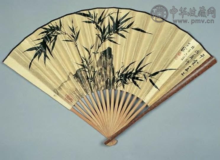 吴华源 1948年作 竹石图 扇面 设色金笺