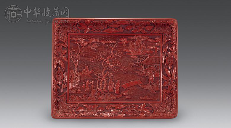 清早期 剔红山水人物纹长方盘