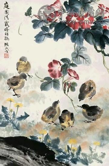 张守成 庭园清露嬉群雏图 立轴 设色纸本