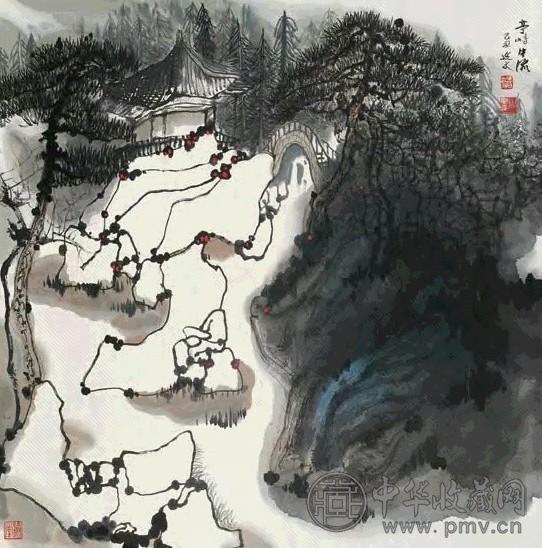 杨延文 1985年作 亭峙中流 镜心 设色纸本