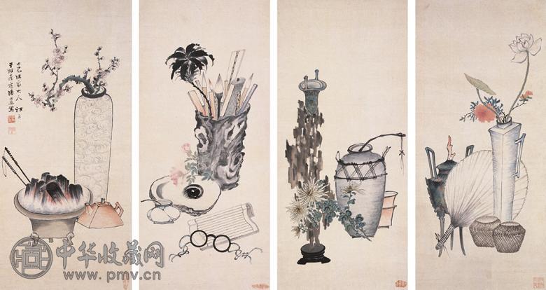 潘祖恩 花卉(4件) 屏条