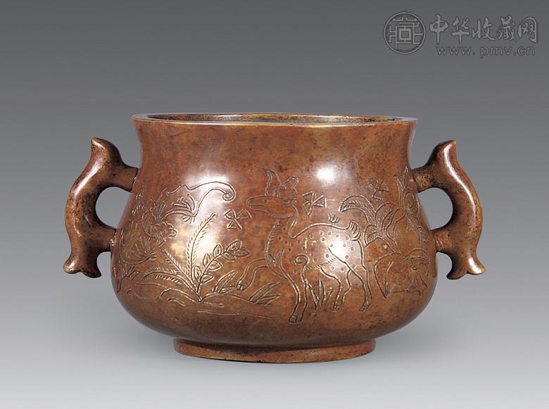 清 铜刻福禄寿双耳铜炉