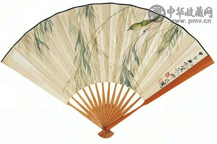 近现代 于非闇 柳雀图 成扇