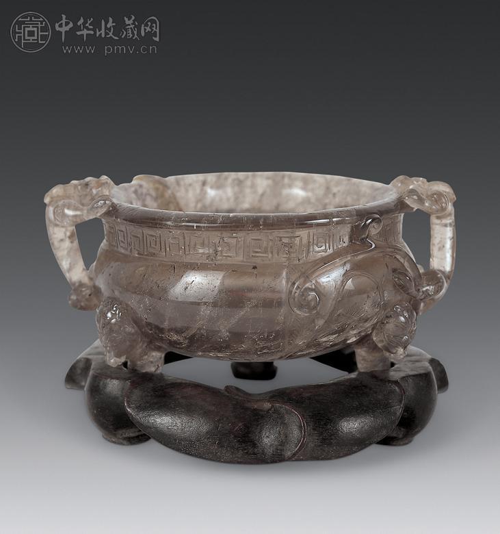 明 水晶雕螭耳兽面三足炉