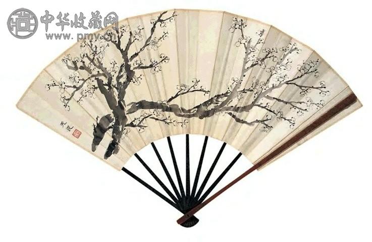 周肇祥 寒梅冷艳图并行书 成扇 水墨纸本