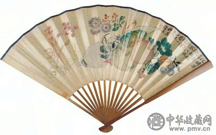 陆恢 瓜叶 书法 扇面 金笺