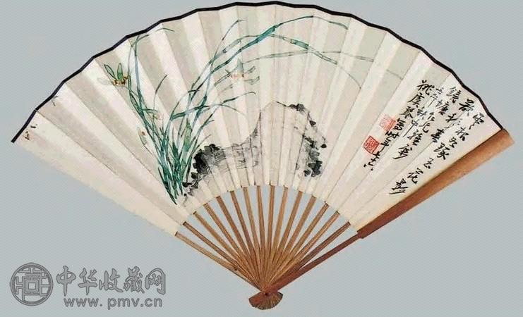 姚虞琴 兰石、书法 扇面 纸本