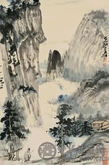 张大千 1955年作 山水高士 立轴 纸本设色