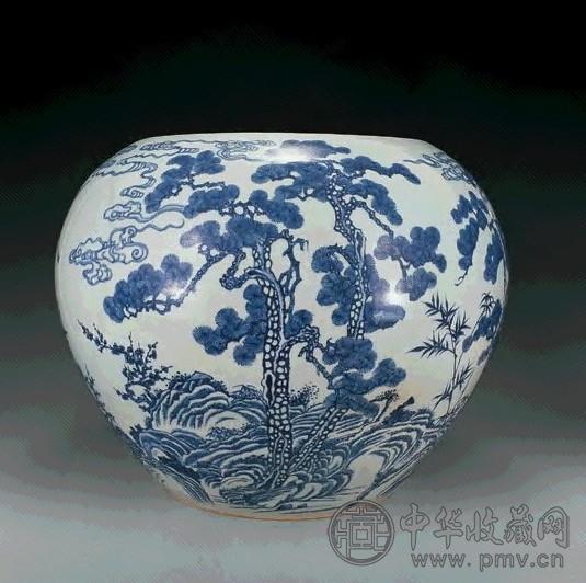 清光绪 青花岁寒三友、鹤鹿回春大画缸