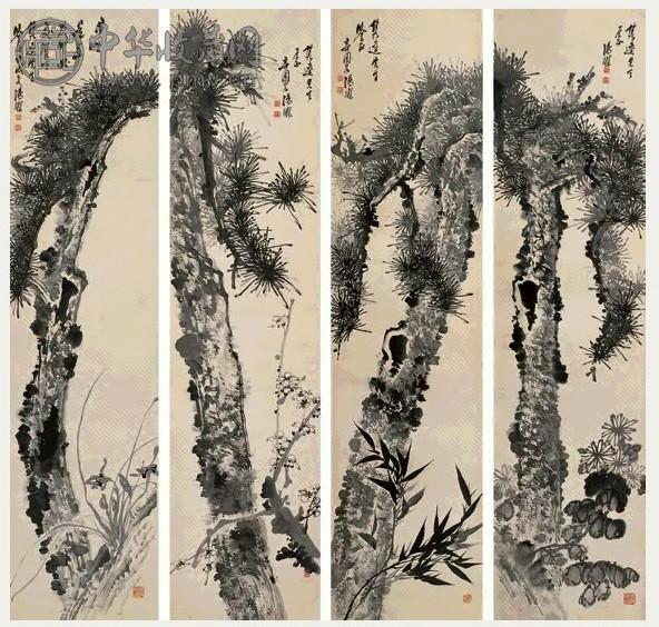 汤定之 甲戌(1934年)作 松友 四屏 水墨纸本