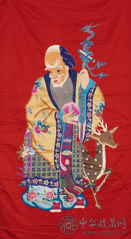 清 红地寿星绣片