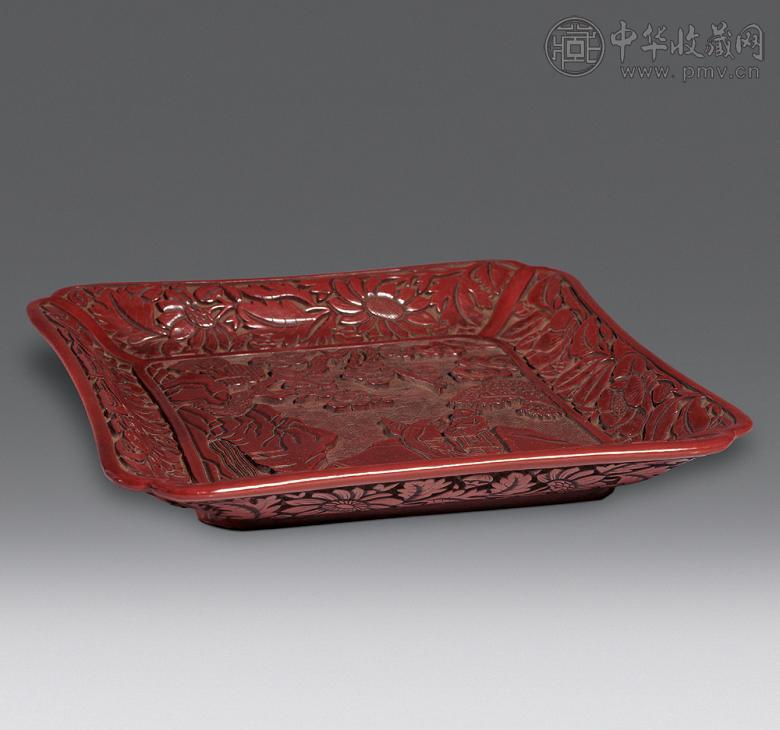 清 剔红二老图倭角方盘