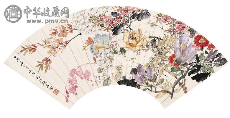 张辛稼 1945年作 繁花似锦图 扇面 设色金笺