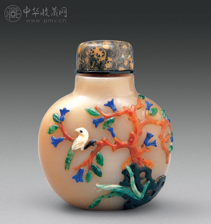 清 玛瑙巧作花鸟纹烟壶