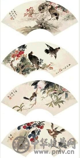 张辛稼 1957年作 花鸟(4张) 扇面 设色纸本