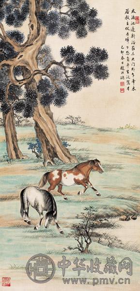 赵叔孺 1939年作 浴马图 立轴 设色纸本