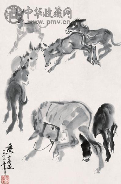 黄胄 群驴图 设色纸本