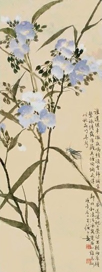 黄幻吾 纺织娘 立轴 设色纸本