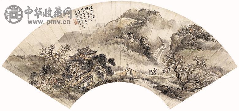 吴石僊 1894年作 秋山行旅图扇 设色纸本