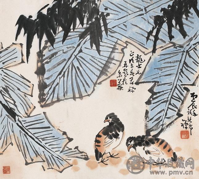 李苦禅 1976年作 芭蕉鹌鹑 镜心 设色纸本