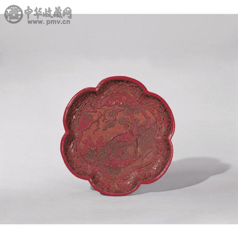 明万历 剔彩雕漆开光式“羲之爱鹅”图六棱盘