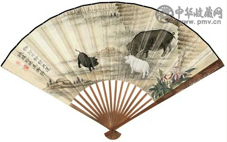 1924年 南华东 三猪图并篆言七言联语 成扇 设色纸本