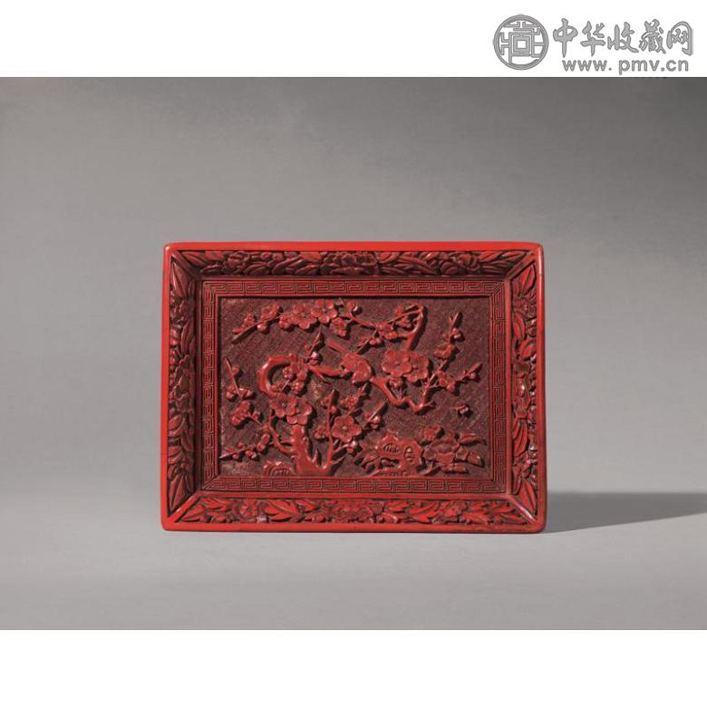 明十五/十六世纪 剔红雕漆开光式“喜上眉梢”图长方盘