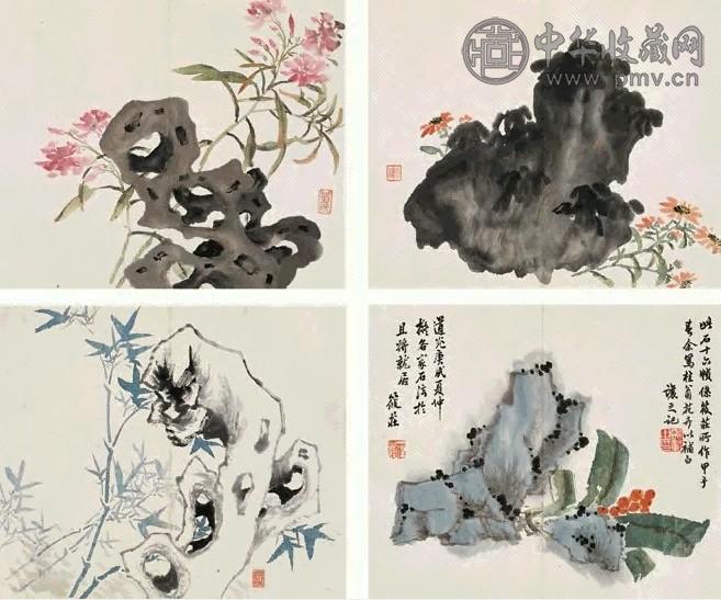 吴熙载 吴克让 花石图 册页(16开选4) 设色纸本