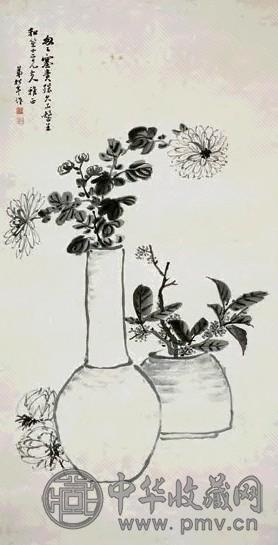 松年 瓶菊图 立轴 水墨纸本