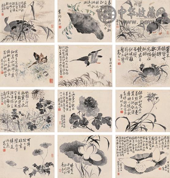 边寿民 花卉动物合册 册页(12开) 设色纸本
