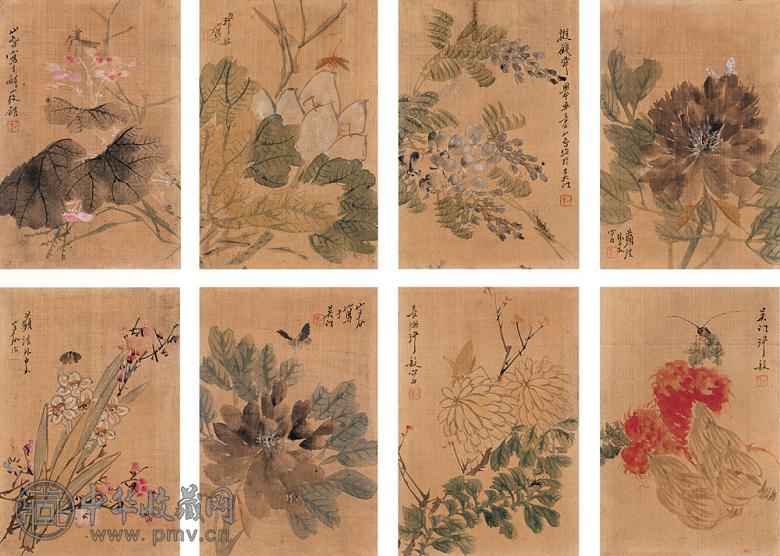 沙馥 壬寅(1902年)作 花虫图 册页(12开选8) 设色绢本