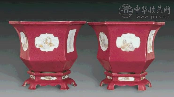 清光绪 胭脂红开光浅绛彩八仙人物花盆(1对)