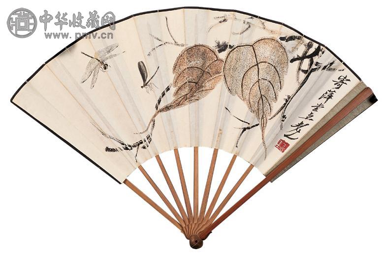 齐白石(款) 贝叶蜻蜓 成扇 设色纸本