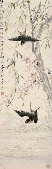 唐云 桃柳双燕 立轴 设色纸本