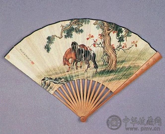 马晋 1926年作 双骏图 扇面 设色纸本