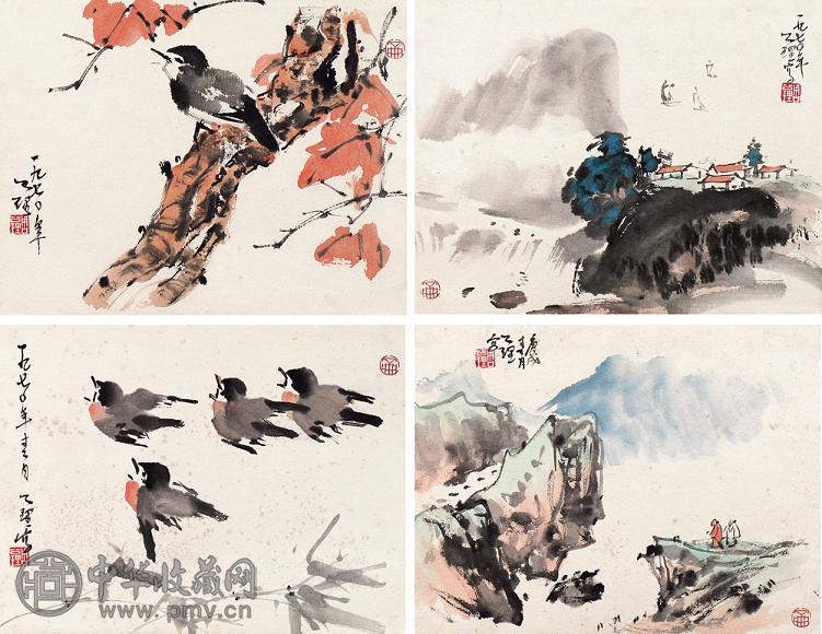 周公里 花鸟山水 镜心(四开) 设色纸本